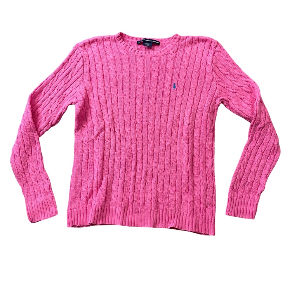 Polo Ralph Lauren Medium 100% Cotton Cable Knit Pink Crewneck Sweater Pony Logo
